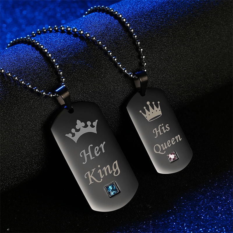 AZIZ BEKKAOUI Black Stainless Steel Couple Necklaces Her King His Queen Crown Tag Pendant Necklace with 1