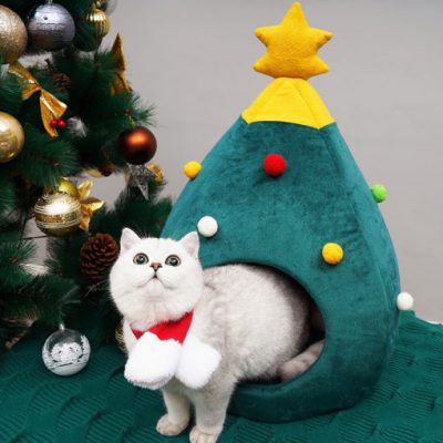 Green Christmas Cat Felt Cave Bed Tree Shape Semi Closed Pet Nest Cats Pets House Winter 1 510x510 1