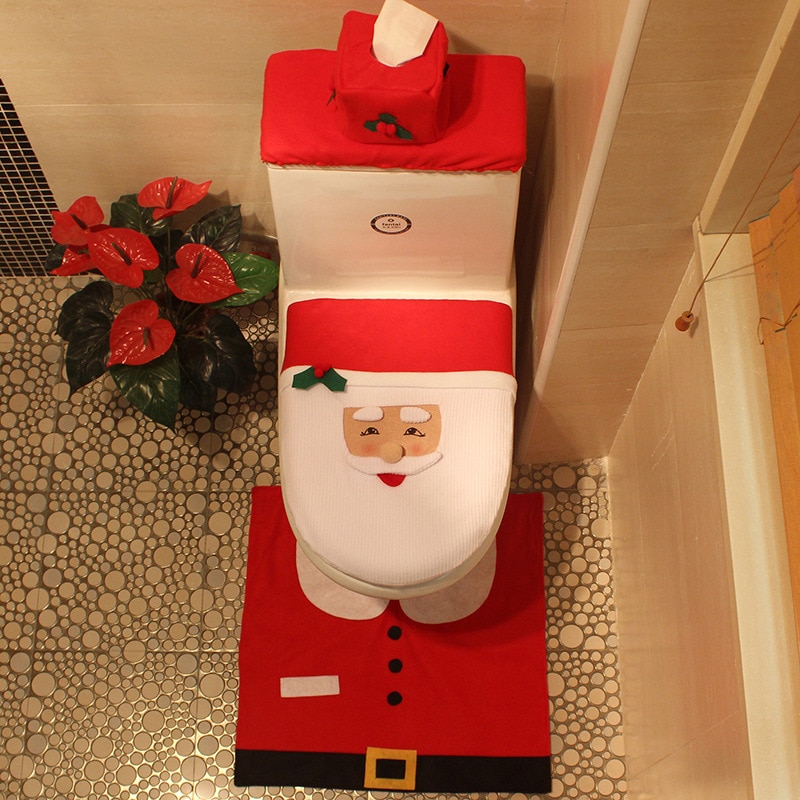 Toilet Foot Pad Seat Cover Cap Christmas Decorations Happy Santa Toilet Seat Cover and Rug Bathroom 3
