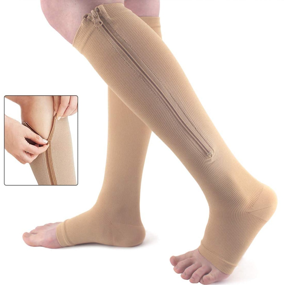 Unisex Open Toe Compression Socks Zipper Leg Support Knee-High Stockings 